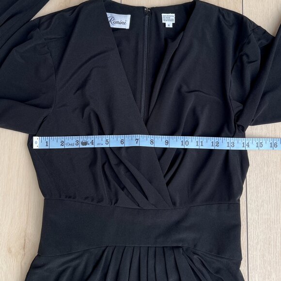 Vintage 80s Rimini Long Sleeve V-Neck Draped Tea Length Midi Black Dress Size 6 - Picture 9 of 14
